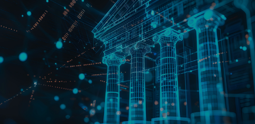Digital illustration of a neoclassical building with columns in glowing blue lines, set against a dark background with scattered blue and orange dots.