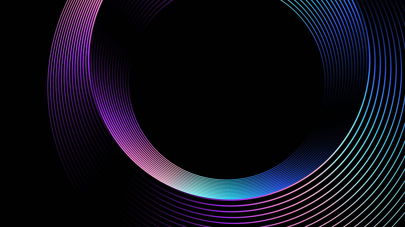 A black background with a circular pattern of gradient lines in blue, purple, and pink hues. The lines form a dynamic, modern spiral design.