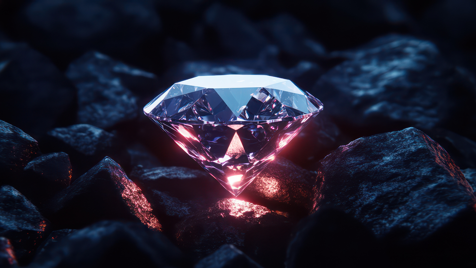 A sparkling diamond with a hint of pink glow rests on dark, rough stones. The contrast highlights the gem's brilliance, creating a luxurious, elegant feel.