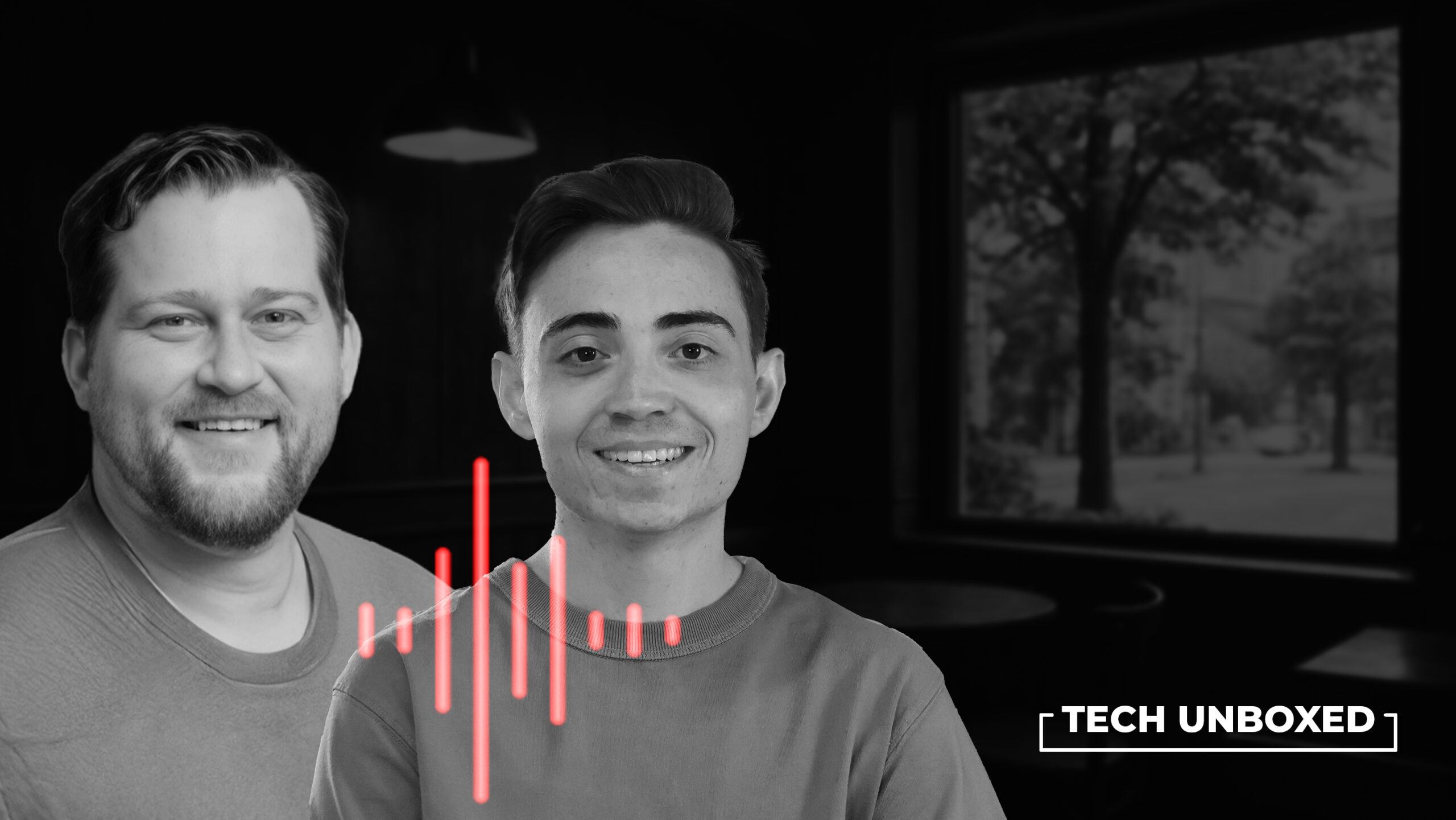 Two smiling individuals are in a black-and-white room with a window view. A red soundwave graphic appears between them. Text reads "Tech Unboxed."