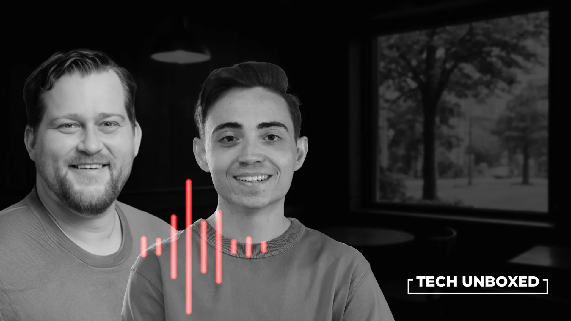 Two smiling individuals are in a black-and-white room with a window view. A red soundwave graphic appears between them. Text reads "Tech Unboxed."