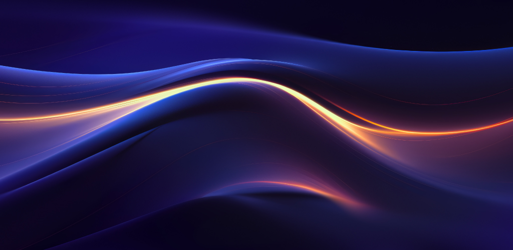 Abstract image of smooth, flowing waves in dark blue and purple tones, intersected by a glowing orange curve, creating a serene and futuristic vibe.