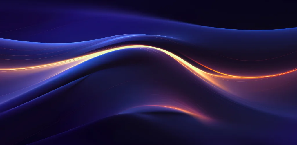 Abstract image of smooth, flowing waves in dark blue and purple tones, intersected by a glowing orange curve, creating a serene and futuristic vibe.