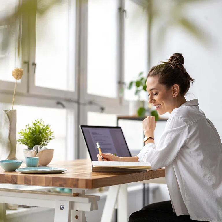 A woman working remotely at a wooden desk with a laptop and notebook, representing digital services and productivity.