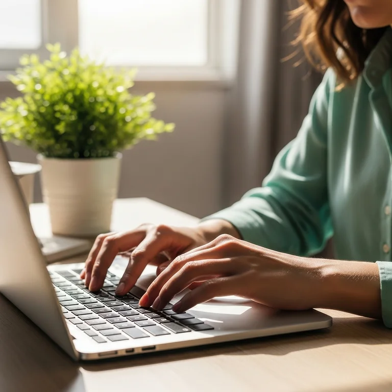 Close-up of hands typing on a laptop with a plant on the desk, symbolising software development and productivity.