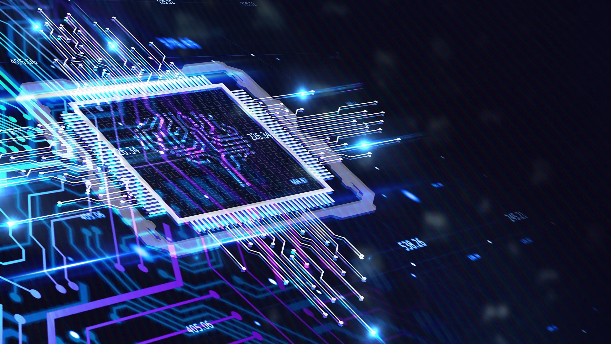 Futuristic digital circuit board with a glowing microchip at the center, emitting blue and purple light, symbolizing advanced technology and innovation.