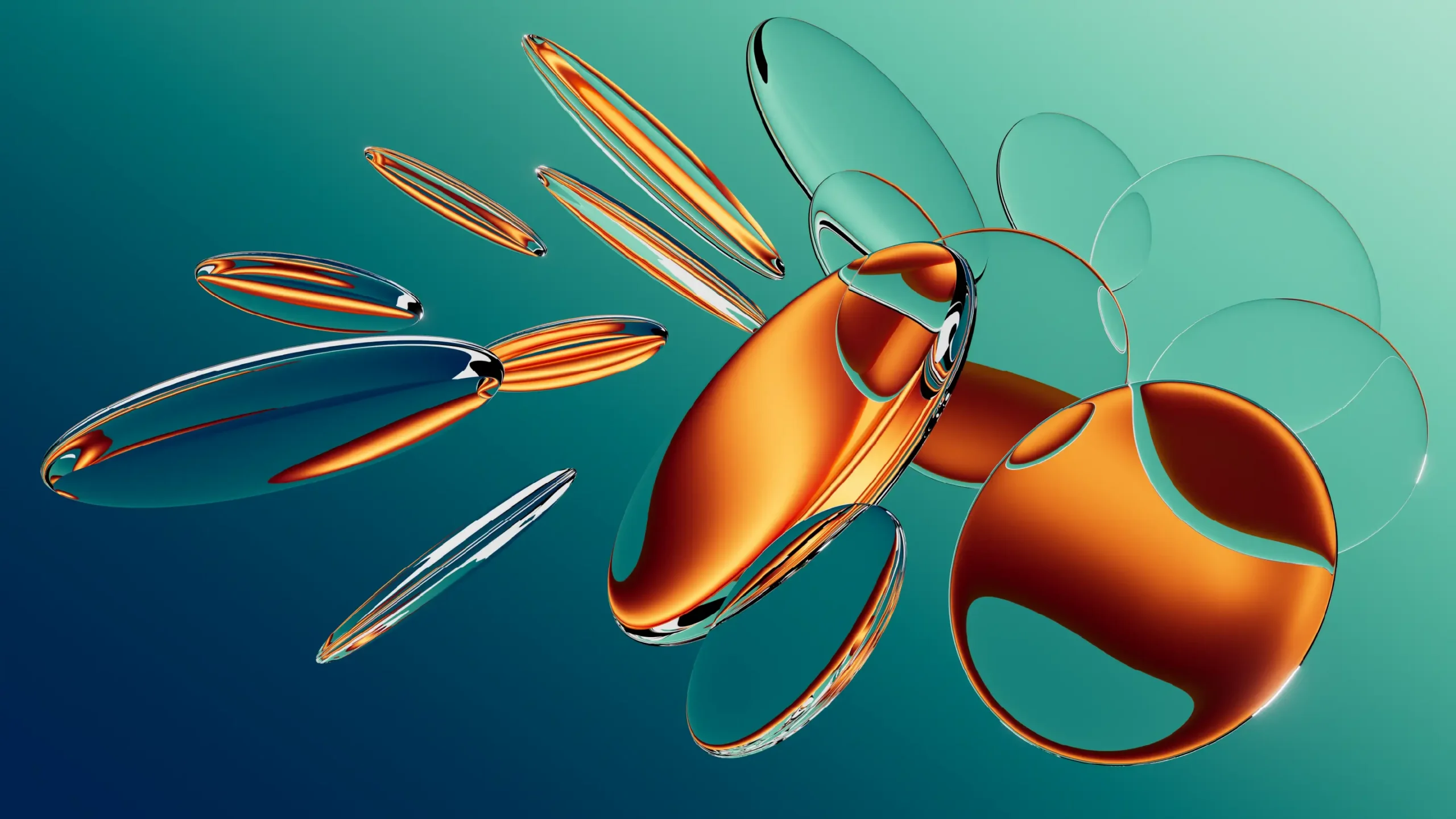 Futuristic abstract 3D shapes in glass and metallic orange floating on a teal gradient background, representing innovation and digital design.