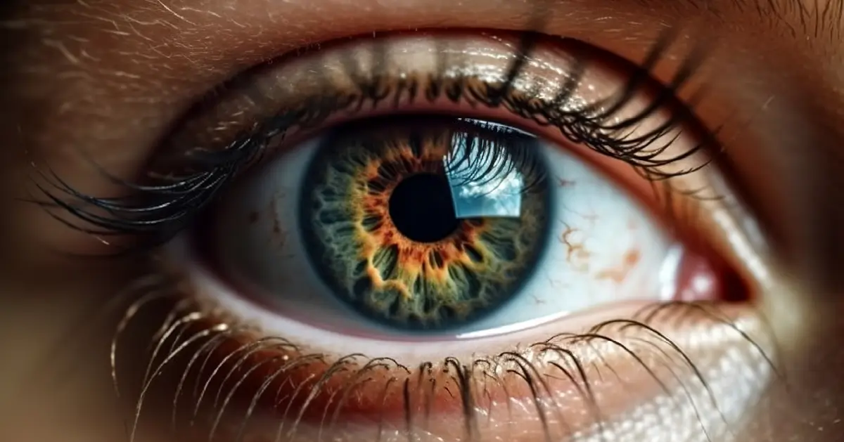 Close-up of a human eye with vibrant blue and orange iris patterns, reflecting light.